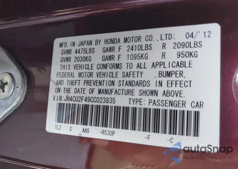 2012 Acura Tsx 2.4 z USA, uszkodzony, nr VIN JH4CU2F49CC023835